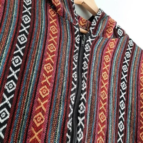 Woven Tribal Boho Full-Zip Hooded Jacket Ethnic Embroidered Fabric Sz L - Picture 7 of 11